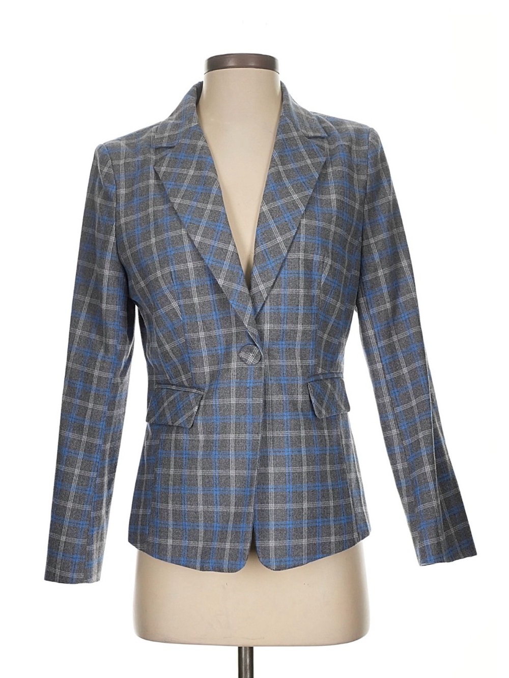 Gray and Blue Plaid Women's Tailored Blazer